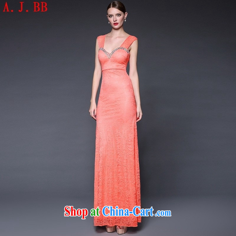 Black butterfly 2015 European and American female summer new manually staple Pearl lace shoulder strap long dress dresses W 0125 red-orange are code