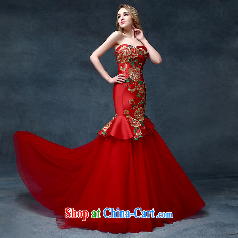 According to Lin Elizabeth Mary Magdalene bride chest tail bows serving China wind embroidery cultivating crowsfoot Banquet Hosted Evening Dress red, code, in accordance with Elizabeth Lin, shopping on the Internet