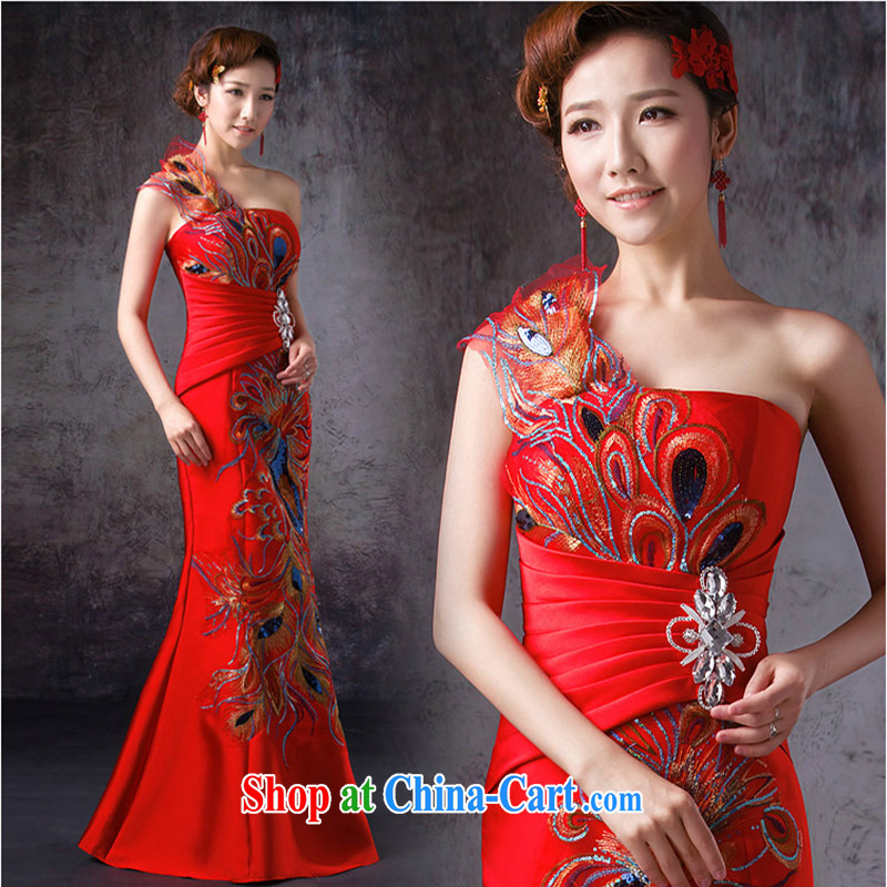 White home about bridal red crowsfoot toast serving long single shoulder dress retro single shoulder cheongsam beauty dress cheongsam back zipper, L