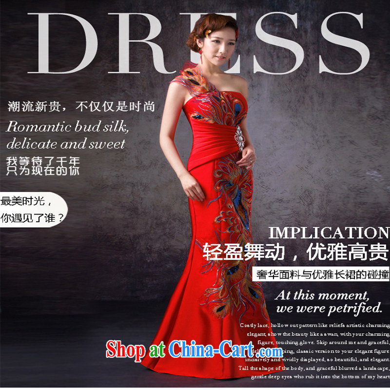 White home about bridal red crowsfoot toast serving long single shoulder dress retro single shoulder cheongsam beauty dress cheongsam back zipper, L, white first to about, shopping on the Internet