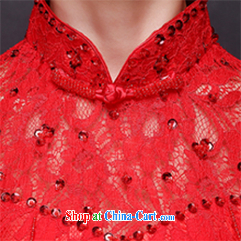 Wei Qi red bridal wedding toast serving long dress qipao improved Chinese elegant lace beauty at Merlion dress summer red custom plus $30, Qi wei (QI WAVE), online shopping
