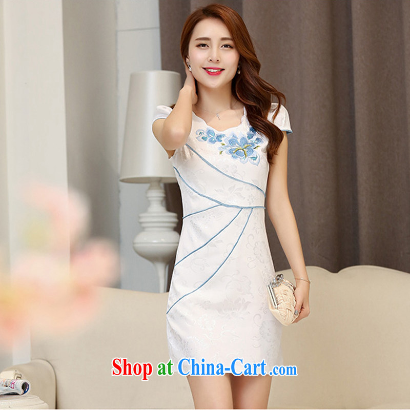 Caesar's summer 669 new women with stylish beauty short-sleeved round-collar embroidered dresses qipao graphics thin bridal bridesmaid dress uniform toasting back door service white blue XXL, TRIUMPHANTKS, shopping on the Internet