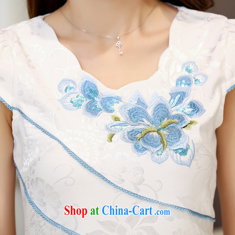 Caesar's summer 669 new women with stylish beauty short-sleeved round-collar embroidered dresses qipao graphics thin bridal bridesmaid dress uniform toasting back door service white blue XXL, TRIUMPHANTKS, shopping on the Internet