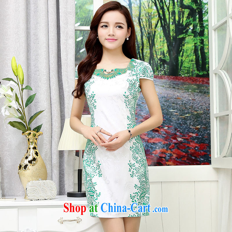 Caesar 683 summer new women Beauty Fashion short-sleeve with embroidered dress blue and white porcelain cheongsam graphics thin bridal bridesmaid dress uniform toasting white and green XXL