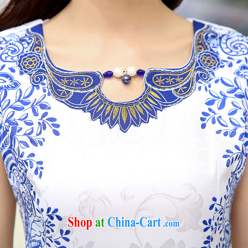 Caesar 683 summer new women Beauty Fashion short-sleeve with embroidered dress blue and white porcelain cheongsam graphics thin bridal bridesmaid dress uniform toasting white and green XXL, TRIUMPHANTKS, shopping on the Internet