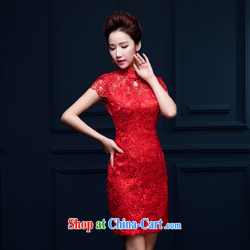 Ms Audrey EU Qi red short, bridal toast marriage service improved cheongsam lace retro beauty package shoulder lace female Red custom plus $30, Qi wei (QI WAVE), online shopping
