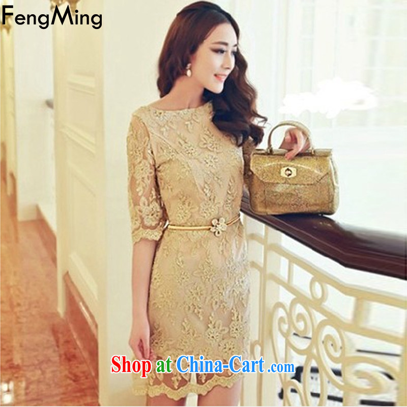 Abundant Ming Ching Ching with summer 2015 new elegant gold thread embroidered Web yarn lace dresses girls picture color XL, HSBC Ming (FengMing), online shopping