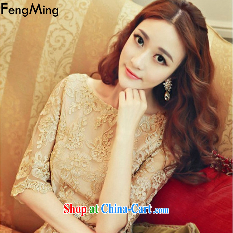 Abundant Ming Ching Ching with summer 2015 new elegant gold thread embroidered Web yarn lace dresses girls picture color XL, HSBC Ming (FengMing), online shopping