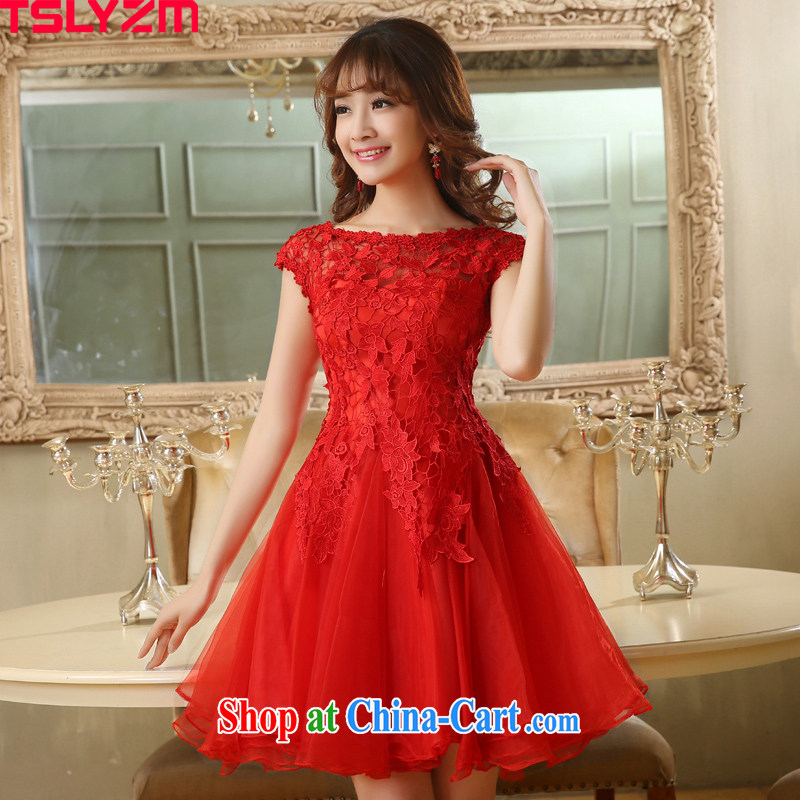 Tslyzm bridal toast serving short 2015 spring and summer new Magenta lace package shoulder shaggy dress small annual dress beauty graphics thin dress female Red XXL