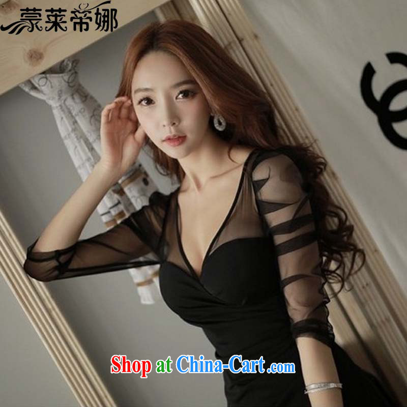 Tony Blair, in Dili, 2015 summer new style ceremony clothing collection black waist-deep sense V collar Web yarn tight dresses women 8096 black XL, Tony Blair, in Dili, and shopping on the Internet