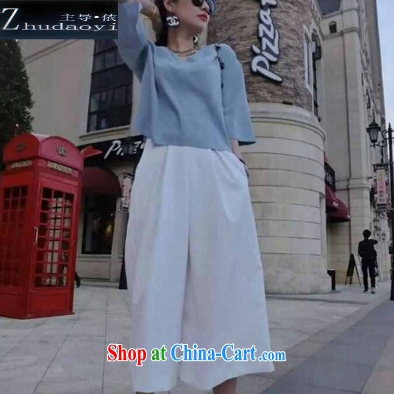 Led by 2015 in accordance with new summer, who won the Hong Kong Wind female Two-piece cuff in wide leg trousers relaxed and stylish lounge suite female blue-and-white XXL