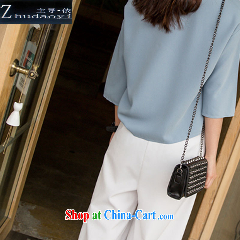 Led by 2015 in accordance with new summer, who won the Hong Kong Wind female Two-piece cuff in wide legged pants relaxed and stylish lounge suite female blue and white XXL, leading to (zhudaoyi), shopping on the Internet