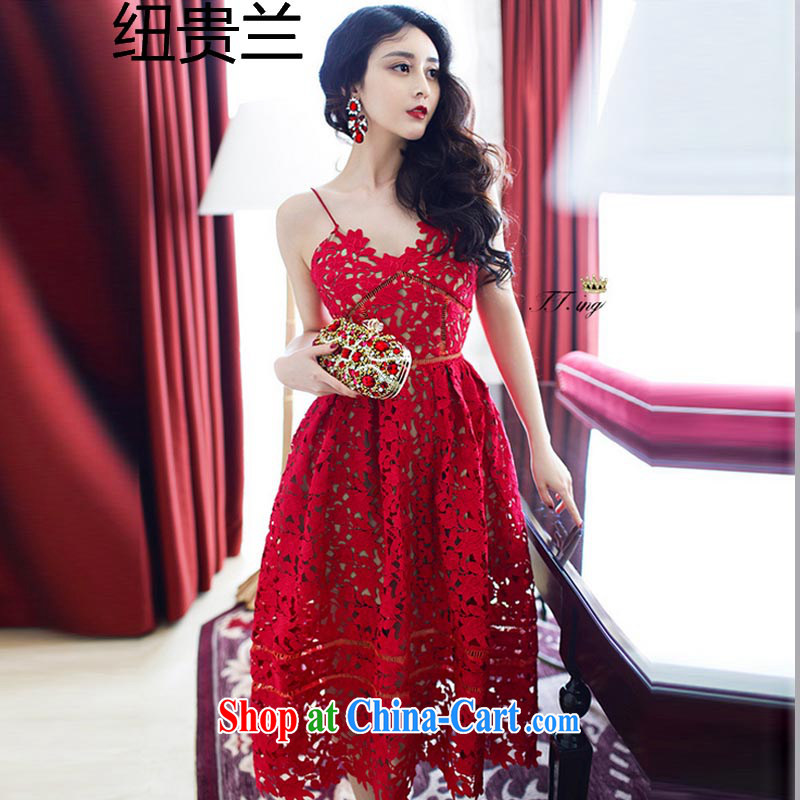 The Newmont, 035 _2015 summer new Ching Ching Dynasty small-tong network red lace water-soluble Openwork strap dresses red XL