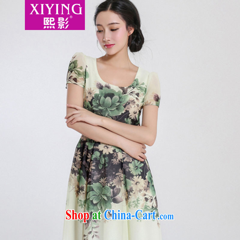 Hee-shadow dress 2015 summer new style dress short-sleeved snow woven in cultivating long beach skirt retro 1506 light green flower XL, Hee (XIYING), and, on-line shopping