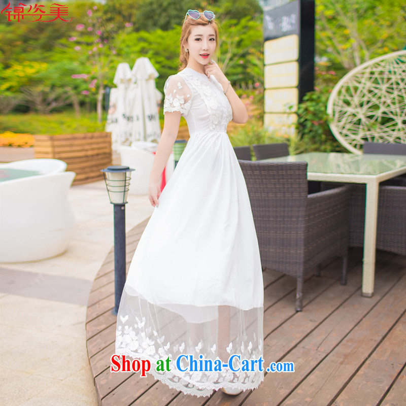 kam beauty 2015 spring and summer Korean short-sleeved lace stitching snow woven skirts dress the skirt with the resort beach skirt M 1424 white XL