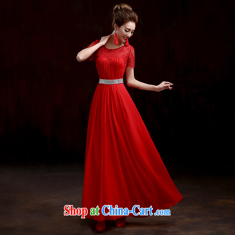2015 fall and winter new stylish dress embedded drill lace wedding long dual-shoulder beauty Evening Dress bridal toast serving red M, pure bamboo love yarn, shopping on the Internet
