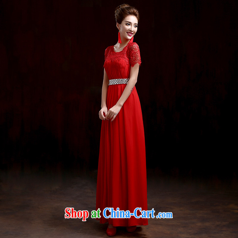 2015 fall and winter new stylish dress embedded drill lace wedding long dual-shoulder beauty Evening Dress bridal toast serving red M, pure bamboo love yarn, shopping on the Internet