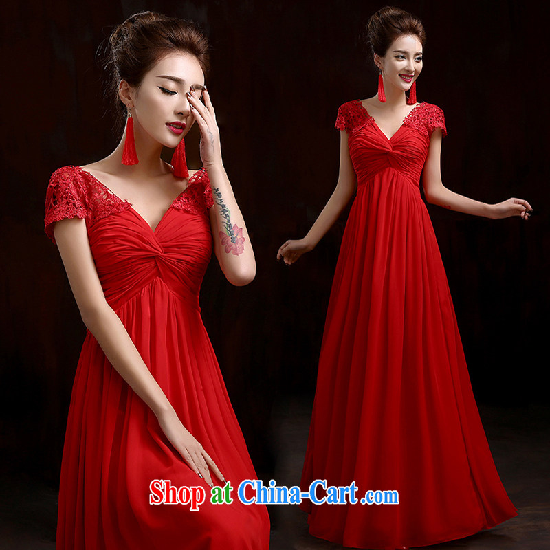 Pure bamboo yarn love 2015 New Red bridal wedding dress long evening dress evening dress uniform toasting red shoulders Korean pregnant women dress short-sleeved lace dress red tailored contact Customer Service
