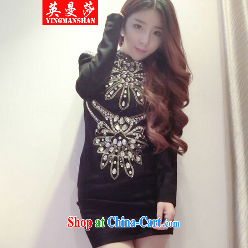 The British Cayman Windsor female sexy name-yuan goddess aura embroidery nail jewelry stone beauty graphics thin long-sleeved small dress-black S
