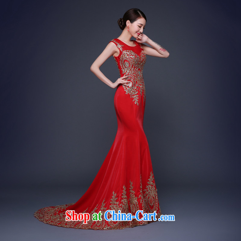 Snow Lotus wedding dress bridal red dress double-shoulder embroidery bows dress classic lace hot drill beauty gown new Fluoro-tail dress red M