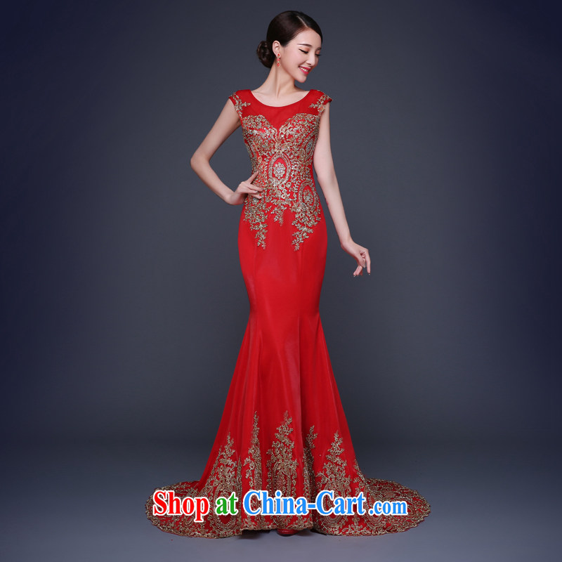 Snow Lotus wedding dress bridal red dress double-shoulder embroidery bows dress classic lace hot drill beauty gown new Fluoro-tail dress red M, snow Lotus (XUEBAOLIAN), online shopping