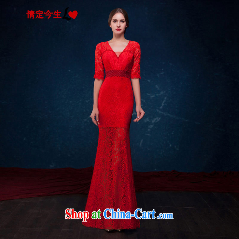 Love Life 2015 summer New Red lace at Merlion dress sexy V collar 5 cuff banquet evening dress wedding dress bridal toast serving red S