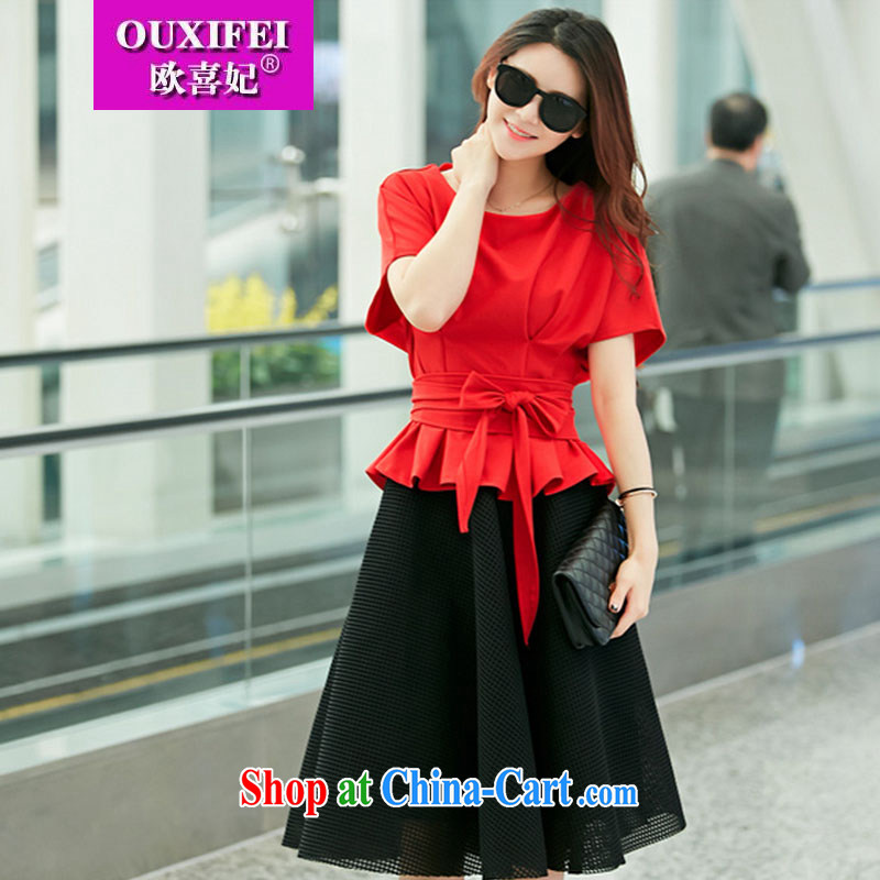 The Princess Diana-style 2015 summer New Red bat sleeves bow tie-waist mesh large female Kit 8027 skirt picture color L