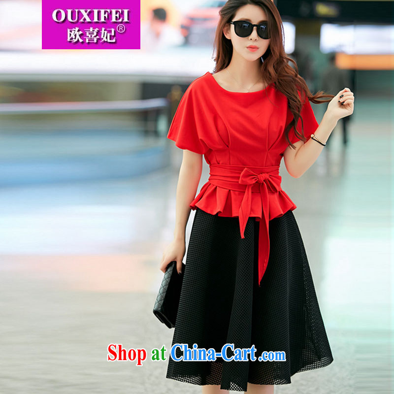 Southern Europe 2015 Princess Diana and stylish summer New Red bat sleeves bow tie-waist mesh large female Kit 8027 skirt picture color L, the OSCE-hi Princess OUXIFEI), online shopping