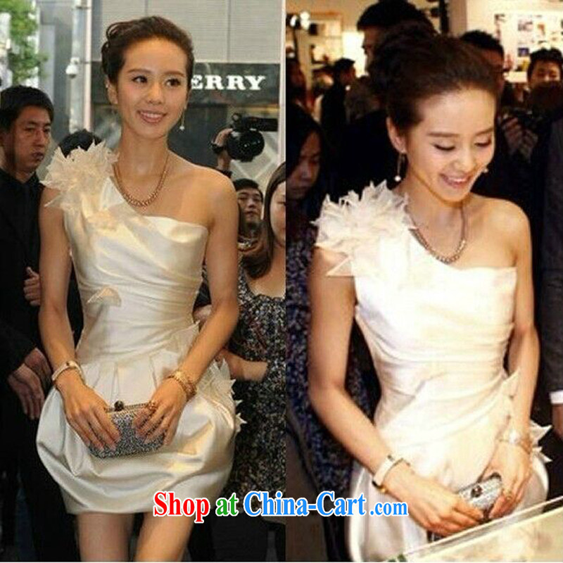 Pure bamboo love yarn stars, with some botanists skirt the shoulder small dress bridesmaid toast Service Service service performed the dress thick satin dress autumn and winter recommended champagne color L, pure bamboo love yarn, shopping on the Internet