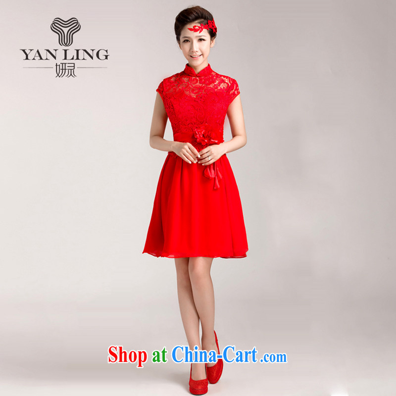 Her spirit 2015 new marriages served toast red short wedding dresses lace cheongsam dress short-sleeved M