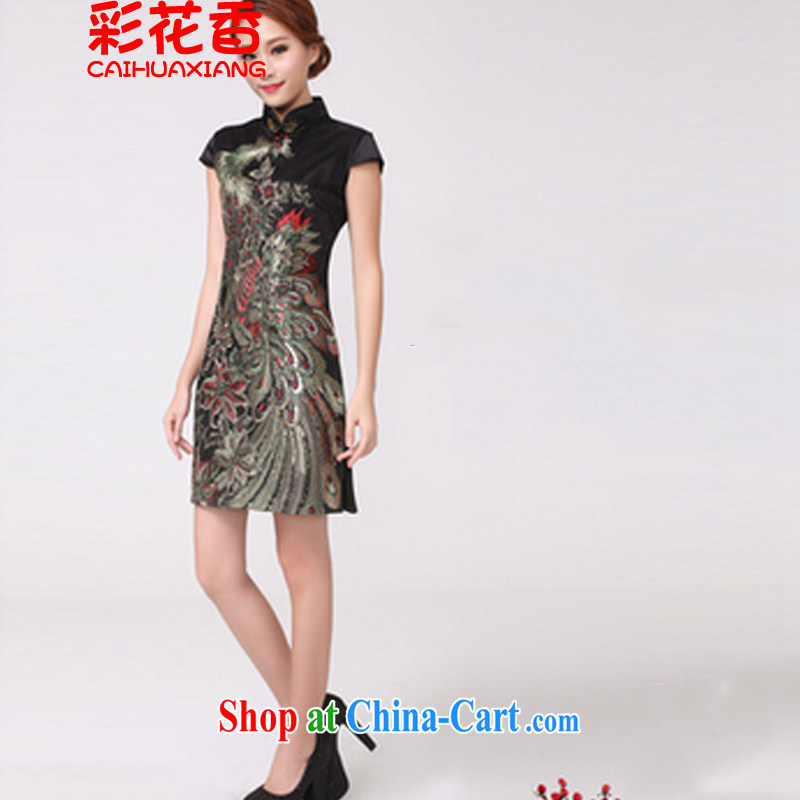 Colorful Flowers 2015 new Peacock hot Peacock embroidery cheongsam festive wedding dresses mother improved black XL, colorful flowers (CAI HUA XIANG), online shopping