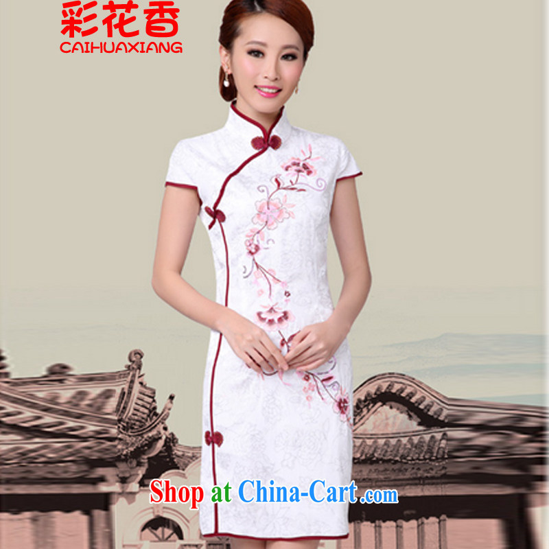 Colorful Flowers _2015 new white cheongsam dress stylish improved Chinese qipao cheongsam 6633 white XL