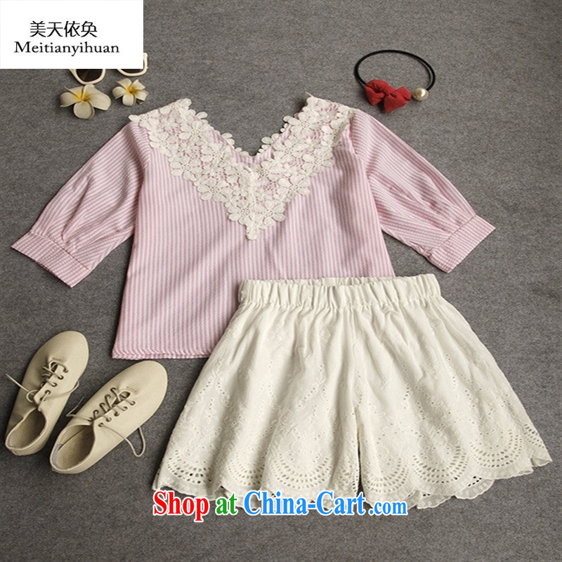 2015 girls summer new Korean fashion streaks V collar graphics thin T shirt + high waist embroidered Wide Leg Trouser press kit female summer pink and white are code