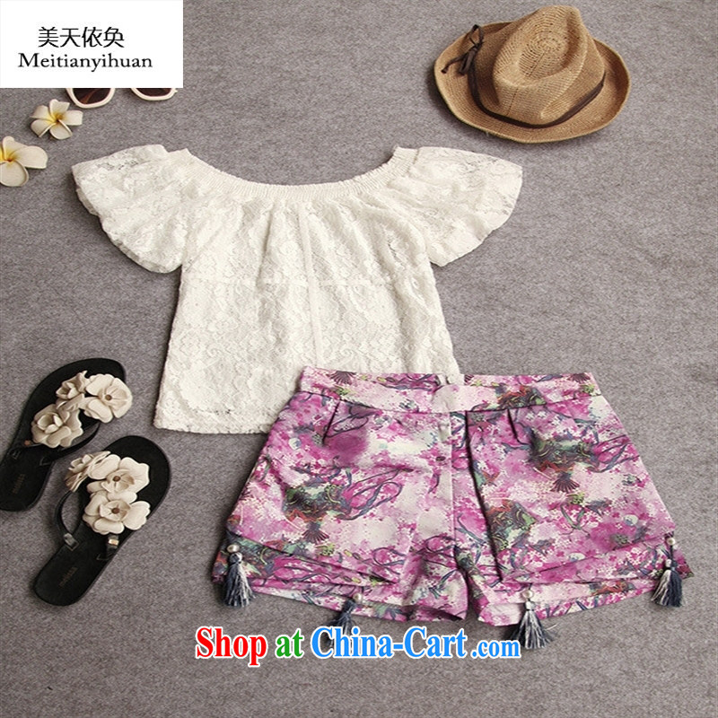 2015 girls Summer of Yuan a field for your shoulders, short lace T-shirt T-shirt-waist skirt stamp duty, trouser press kit female summer picture color M