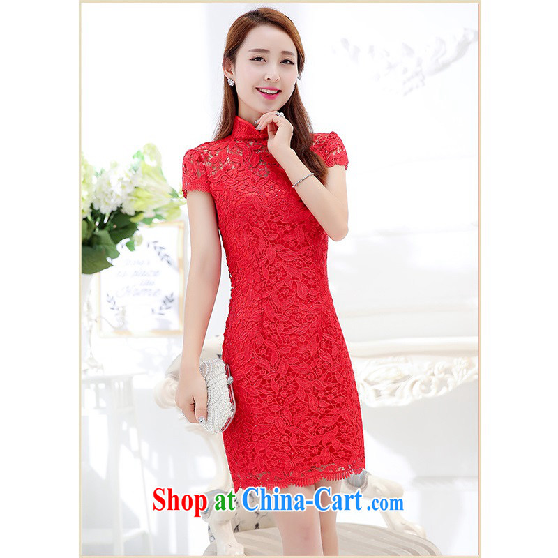 High quality wedding dresses 2015 summer bridal dresses dresses package and short-sleeved gown red lace high collar bridesmaid dress wedding toast clothing beauty graphics thin, long red L