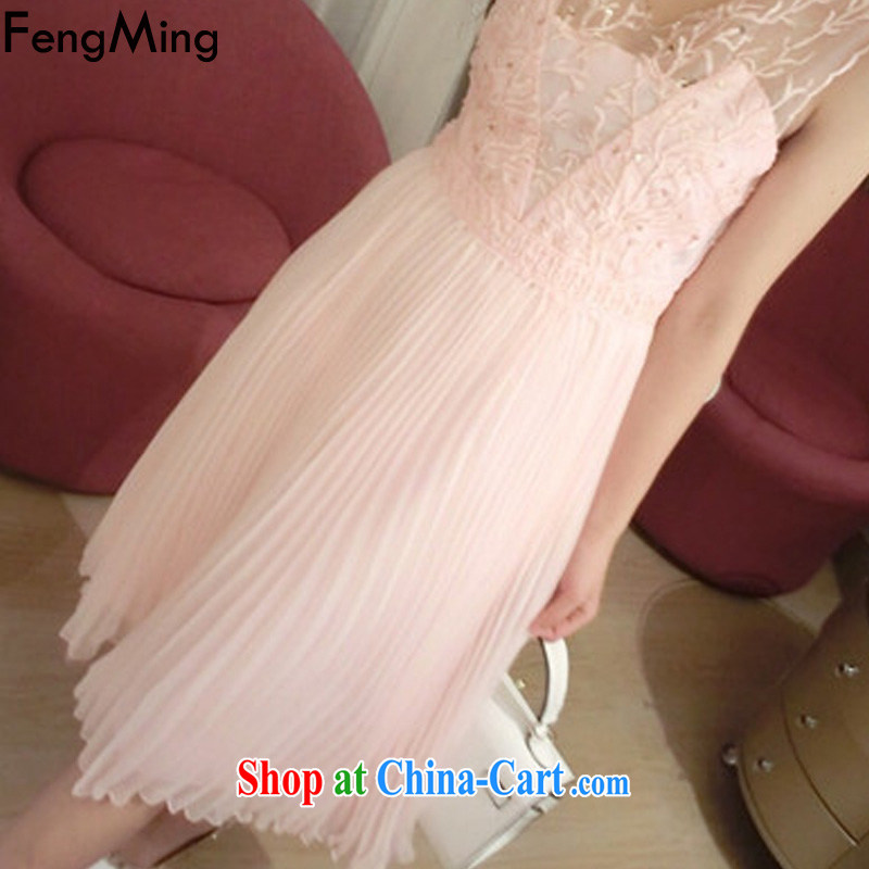 Abundant Ming summer 2015 new Europe and North America to the coral embroidery nail Pearl vest dress female beauty ultra-sin snow woven dresses pink L, HSBC Ming (FengMing), online shopping