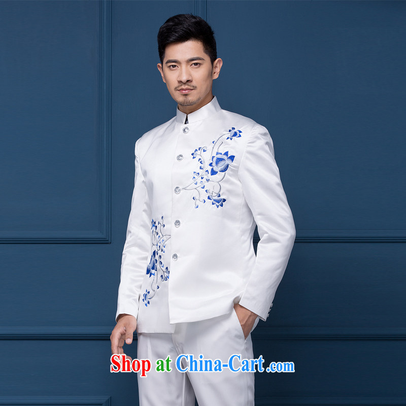 Pure bamboo love dresses wedding dresses men's dress wedding photography wedding dresses China wind moderator dress smock and performance service men stage blue and white porcelain Chinese small white blue 175 (L) 140 jack, plain bamboo love yarn, and sho
