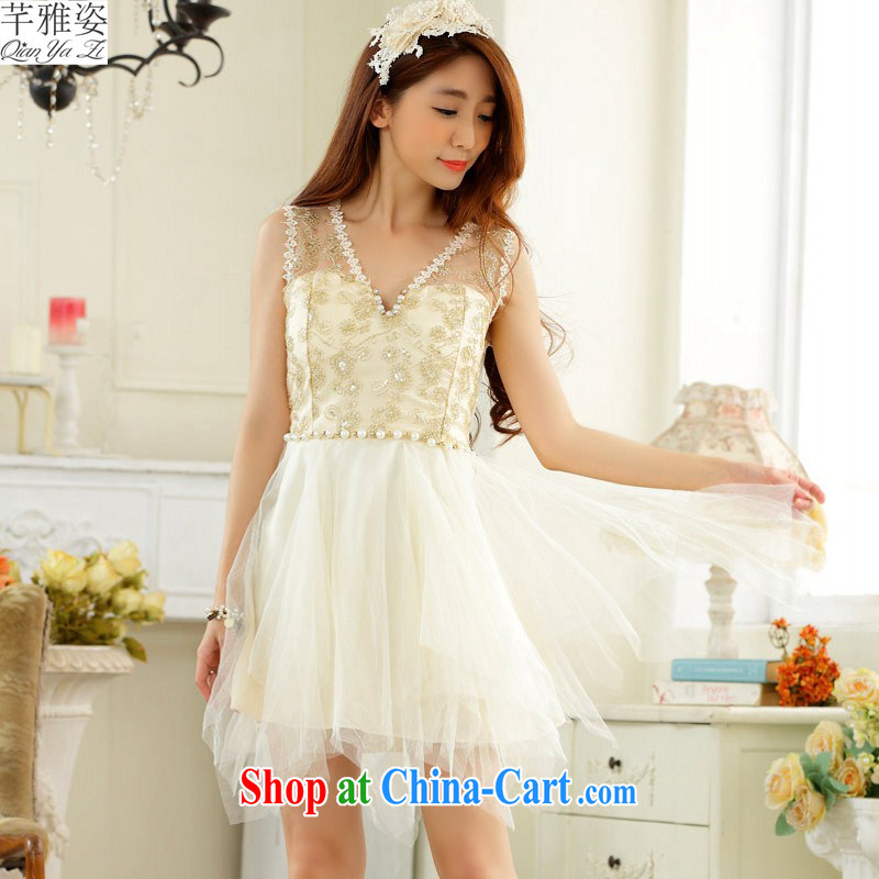 The 2015 new Korean version back with V collar lace dress XL stylish sweet Web dress rules do not dress with graphics thin dress thick M champagne color XXXL approximately 160 - 180 jack