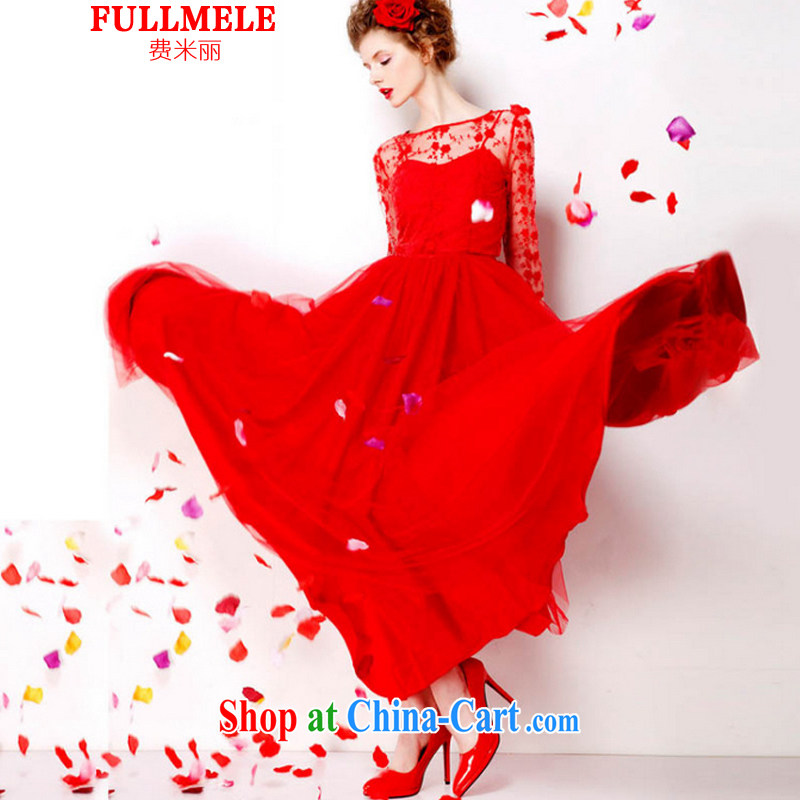 Fees M Lai 2015 retro lace red petticoat bridal 9M large long skirt dress red embroidered dresses 7072 red L