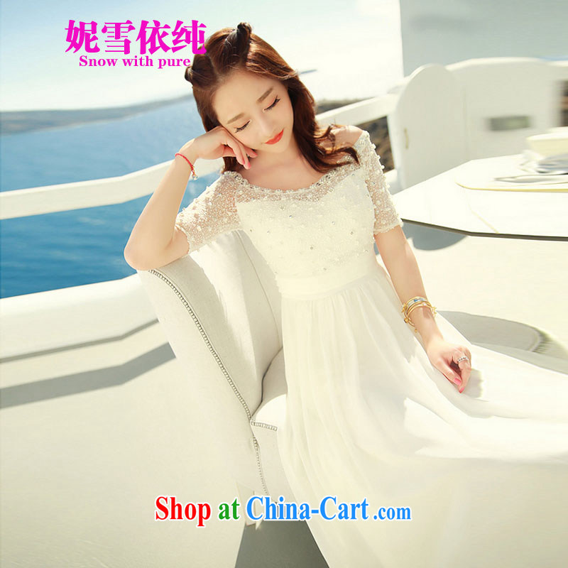Connie snow according to a 2015 new white lace snow woven dresses nails Pearl bohemian long skirt video thin resort beach skirt Sin 8251 white XL