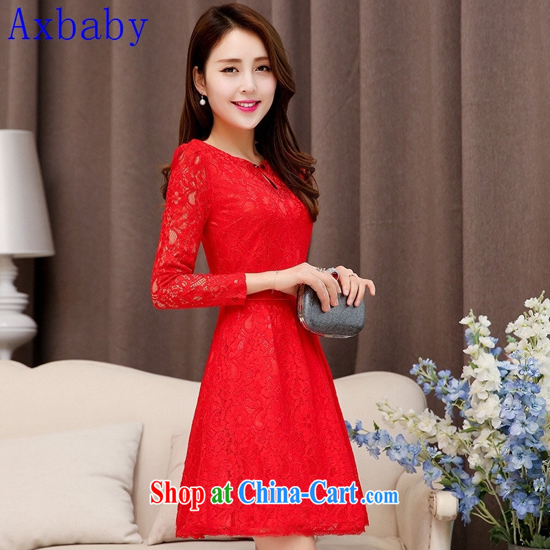 Sunny commuter store 2015 spring and summer New Red Openwork long-sleeved banquet style beauty lace small dress red XXL