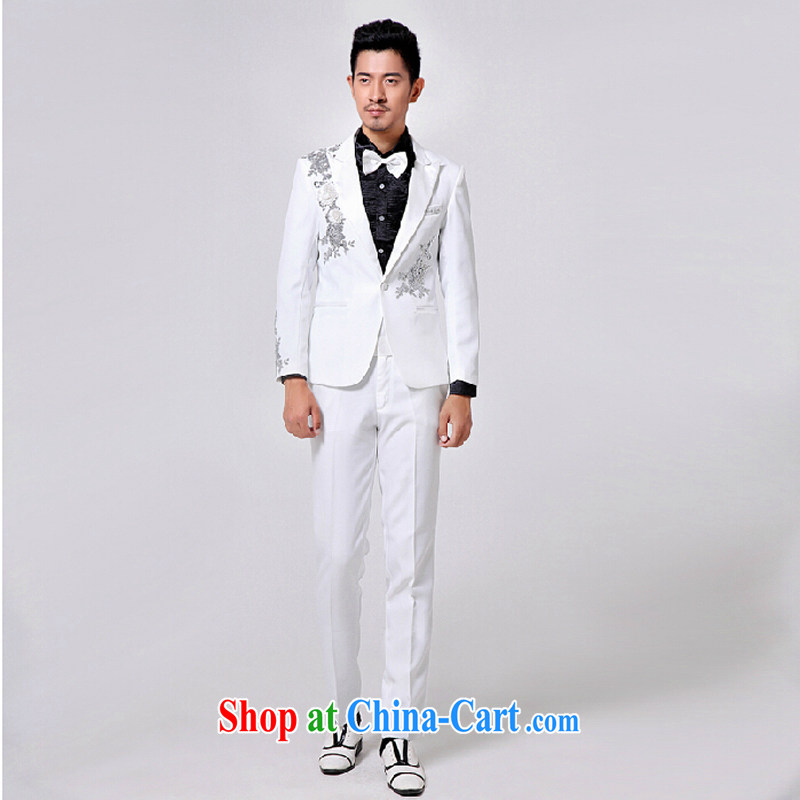 Show clothing men's dress men's suits suits white Korean version, Moderator singer costume white 180 (XL) 160 jack, pure bamboo love yarn, shopping on the Internet