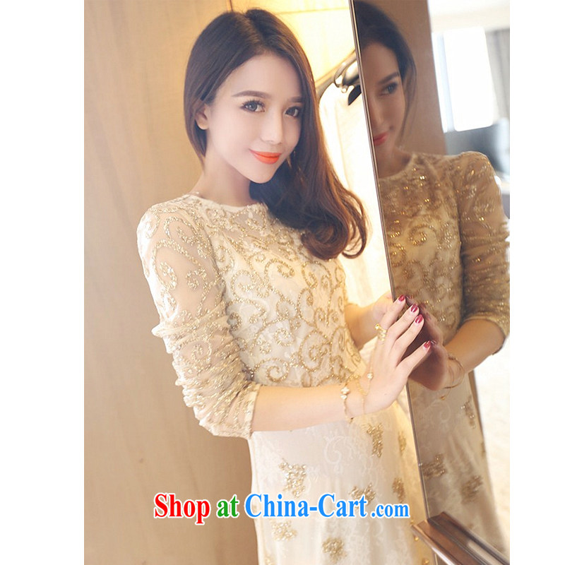 The long-awaited overnight 2015 summer luxury of Yuan Palace, cultivating graphics thin lace dress retro dress long skirt goddess, champagne color L, left long overnight (zuojiuxi), online shopping