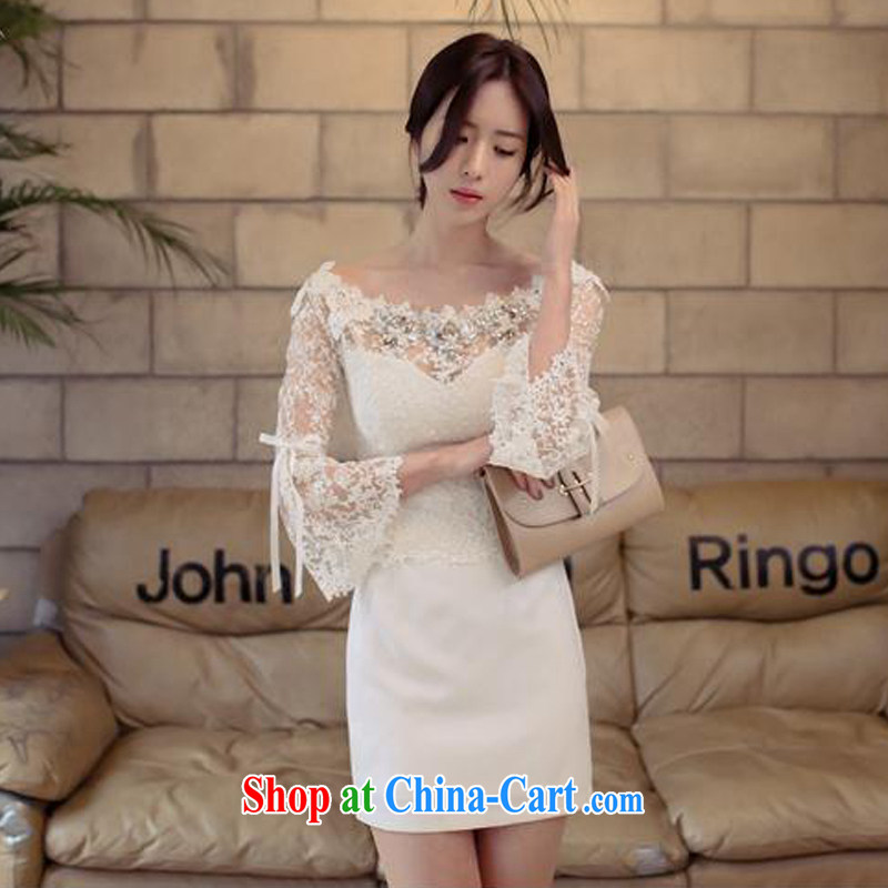 The left long-awaited overnight Korean name Yuan, sexy bare shoulders nails Pearl lace dress a collar embroidery dresses the Field shoulder bare shoulders dress dress bridesmaid dress girls white L