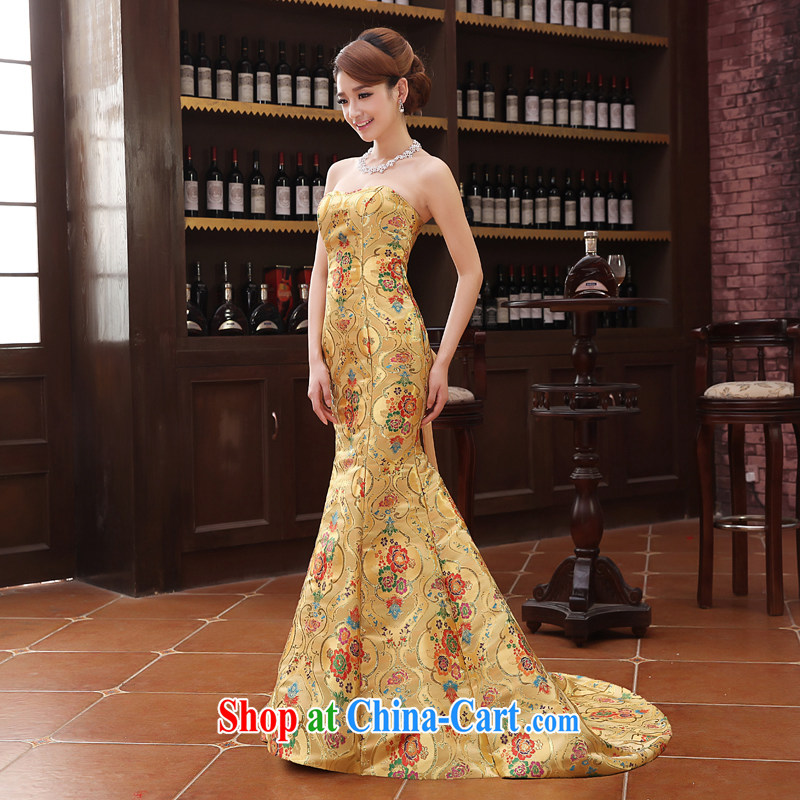 Syria Time Evening Dress 2015 new moderator tail dress golden crowsfoot dresses etiquette evening dress long gown bridal toast serving evening banquet stage yellow XL, time, and shopping on the Internet