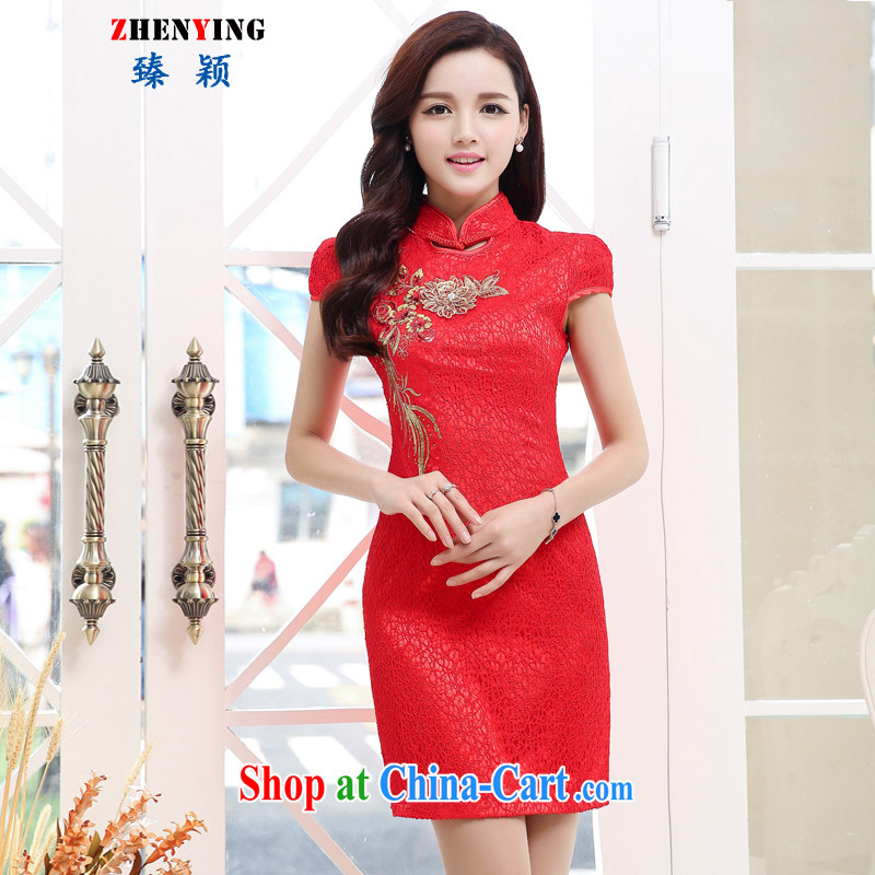 from Zen summer 2015 New Red bridal toast serving short marriage embroidery cheongsam dress lace retro dress red XXL