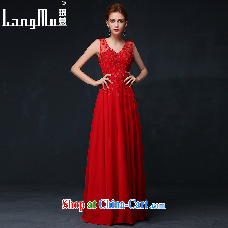 Luang Prabang the bride's wedding dress 2015 new summer double-shoulder-length bows, serving red evening dress Deep V collar dress china red XL