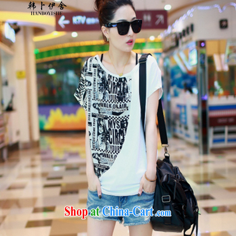 Korea, the Academic Building 2015 new summer bat sleeves stitching snow woven shirts larger female short-sleeved T-shirt white 3XL