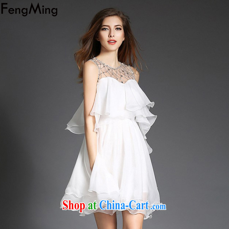 Abundant Ming summer 2015 the European site nails Pearl inserts drill flouncing skirt dresses Web yarn stitching snow woven fairy cake skirt white M, HSBC Ming (FengMing), online shopping