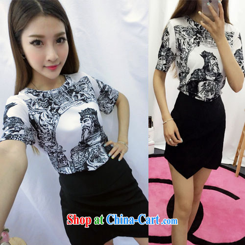 The Hong Kong Wind Kit girls short-sleeved shirts stamp T pension beauty package snow woven skirt and stylish two-piece 6888 white S